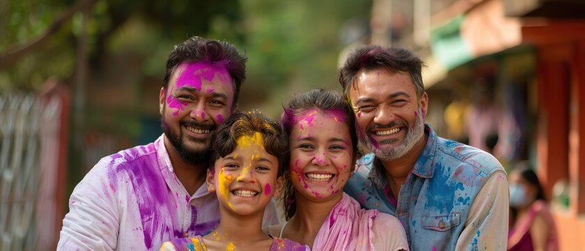 A family of four is posing for a picture while wearing colorful paint on their faces. Scene is joyful and festive, as the family is celebrating a special occasion together
