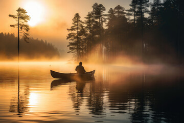 Tranquil Sunrise Canoeing in Misty Forest Lake