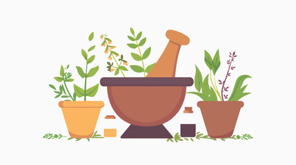 Witchs Potions Mortar and Pestle with Herbs flat vector