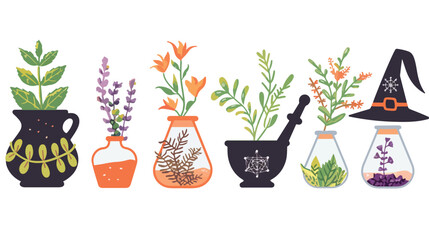 Witchs Potions Mortar and Pestle with Herbs flat vector
