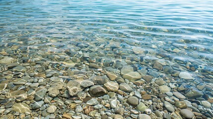 The water is clear and calm, with a rocky bottom. The rocks are scattered throughout the water, creating a peaceful and serene atmosphere