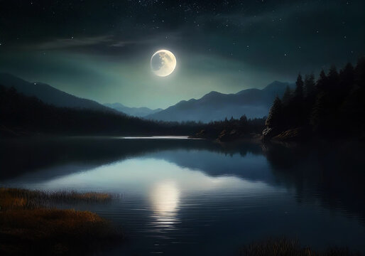 beautiful night scene of a calm lake hyper realistic illustration