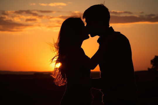 Romantic Silhouette of Couple Kissing at Sunset