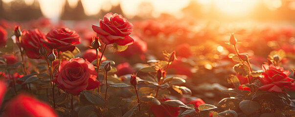 Field full of red roses flowers. - obrazy, fototapety, plakaty