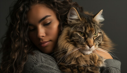 A beautiful woman holding a big fluffy cat