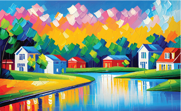 Oil painting of Houses. Urban or suburban neighborhood. Homes with trees.  A painting of a city street with houses. Oil paintings city landscape. 