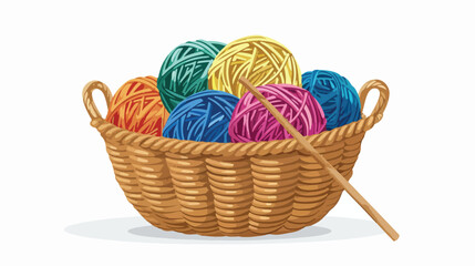 Fototapeta na wymiar Wool Knit Basket with Yarn Balls flat vector 