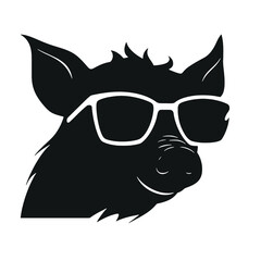 boar wearing sunglasses, vintage logo line art concept black and white color, hand drawn illustration