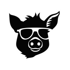 boar wearing sunglasses, vintage logo line art concept black and white color, hand drawn illustration