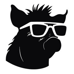 boar wearing sunglasses, vintage logo line art concept black and white color, hand drawn illustration
