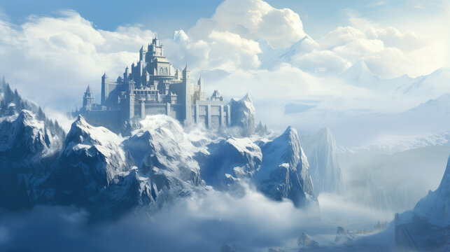 Enchanted Castle High Atop Snowy Mountain Peaks