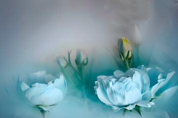 flowers in the background of white  fog, colorful flowers  soft background art   paintings