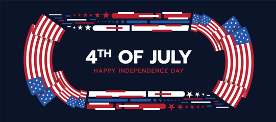 4th of july, happy independence day - Text in frame with abstract modern curve usa flags and red white blue star around on dark blue background vector design