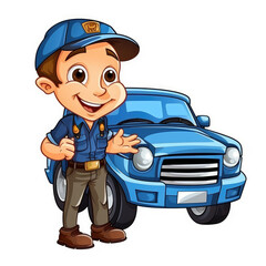 Obraz premium Cheerful Cartoon Mechanic Posing with a Blue Car