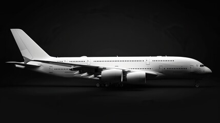 A large white airplane is shown in a black background. The image is in black and white, giving it a dramatic and moody feel. The airplane is the main focus of the image, and its size - obrazy, fototapety, plakaty