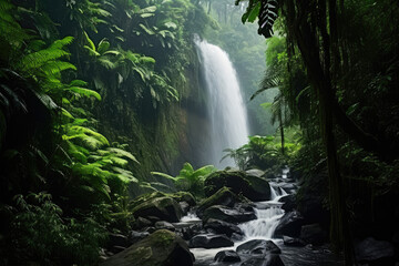 Majestic Tropical Waterfall Surrounded by Lush Greenery - Powered by Adobe