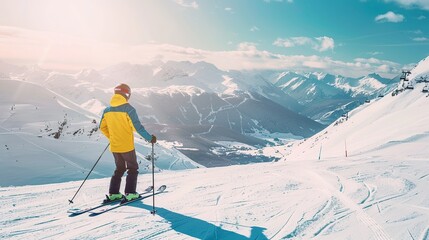 A skier is skiing down a mountain with a beautiful view of the surrounding landscape. The skier is wearing a yellow jacket and is holding ski poles. The scene is peaceful and serene - obrazy, fototapety, plakaty