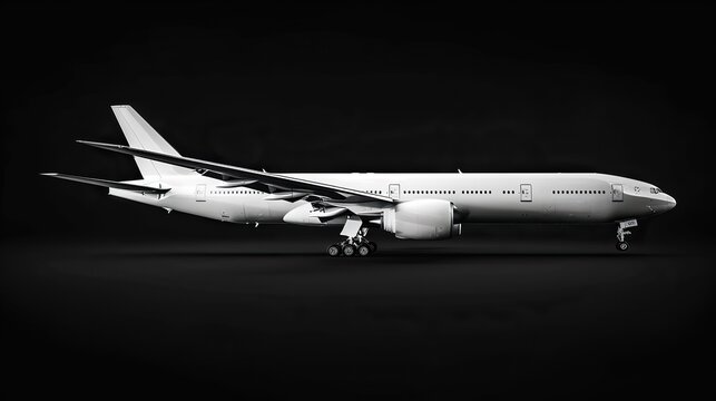 A large white airplane is parked on the tarmac. The image is black and white, giving it a classic and timeless feel. The airplane is the main focus of the image, and its size