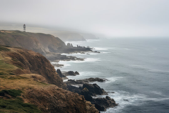 Misty Coastal Scene with Lighthouse Over Rocky Cliffs