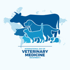 International Day of Veterinary Medicine poster vector illustration. Dog, cat, rabbit, guinea pig, cow, pig silhouette icon vector. Template for background, banner, card. December 9 every year