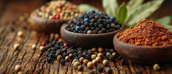Fotobehang Three bowls of spices are on a wooden table. The spices include black pepper, red pepper, and cumin © Dawid
