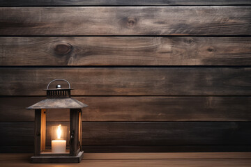Cozy Lantern Glow Against Rustic Wooden Background