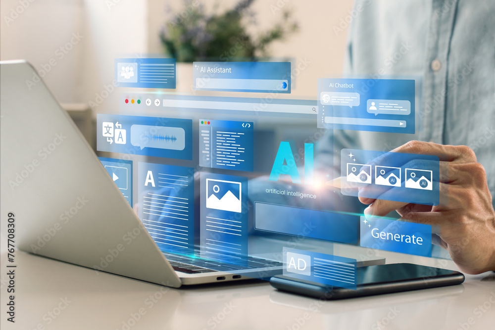 Leinwandbilder artificial intelligence content generator. a man uses a laptop to interact with ai assistant. ai off