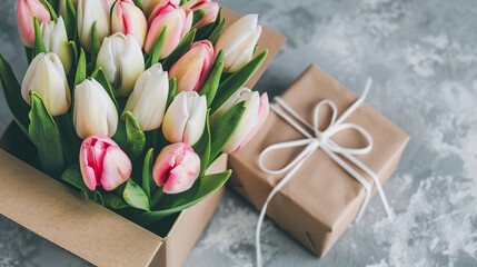 A box of flowers sits on a table next to a brown box. The flowers are pink and white and are arranged in a bouquet. The brown box is wrapped in ribbon and he is a gift