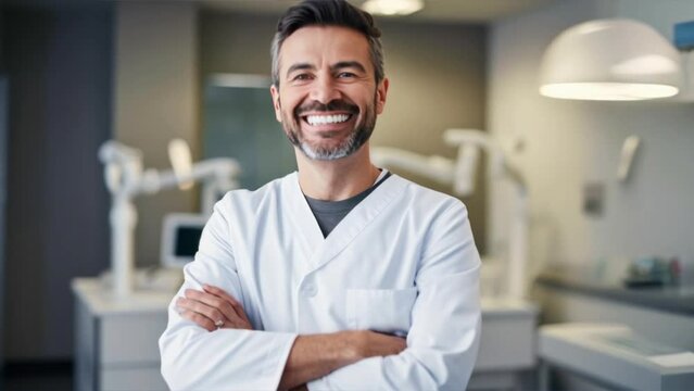 Smiling dentist standing with his arms folded in front of the dentist's office