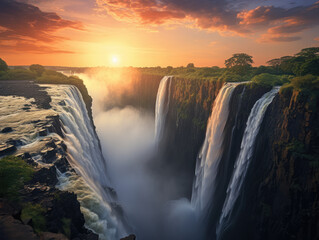 Breathtaking Sunset at Victoria Falls Natural Wonder - obrazy, fototapety, plakaty