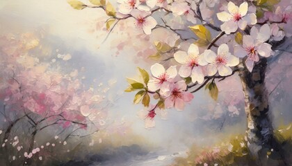blossom in spring.a romantic floral wall art featuring a single panel of cherry blossom flowers bathed in soft, ethereal light, emanating a dreamy and enchanting atmosphere. Use a painterly art style 