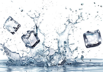 Frozen Elegance: Ice Cubes in Water Splashes Isolated on White Against a Transparent Background