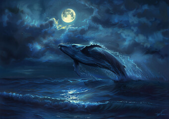 Moonlit Encounter: Depict a moonlit night scene where the gentle glow of the moon reflects off the water's surface, casting an ethereal ambiance as the whale breaches gracefully.