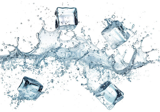 Frozen Elegance: Ice Cubes in Water Splashes Isolated on White Against a Transparent Background