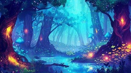 A captivating illustration of a mystical forest where a serene creek glows with an ethereal blue light, surrounded by otherworldly flora. Mystical Forest Creek in Ethereal Blue Light

