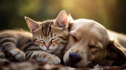 As true friends, a sweet dog and a sweet cat enjoy peace and relaxation