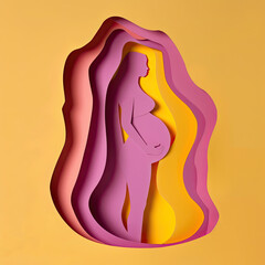minimalist paper cut out of pregnant woman, pink and purple colors, yellow background