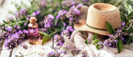 A bottle of lavender oil sits on a table next to a hat and a bunch of purple flowers