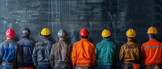 A group of construction workers wearing hard hats stand in a line. The workers are wearing different colored jackets, including orange, green, and blue. Concept of unity and teamwork among the workers - obrazy, fototapety, plakaty