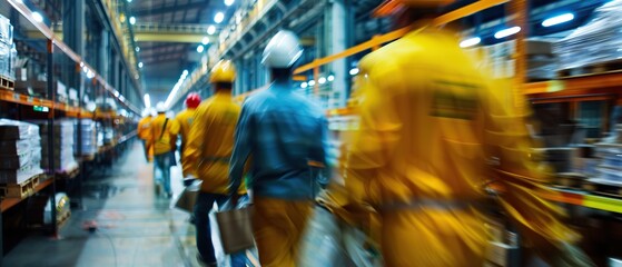 A group of workers in yellow and orange clothing are walking through a warehouse. The workers are carrying boxes and bags, and the scene is blurry, giving the impression of motion