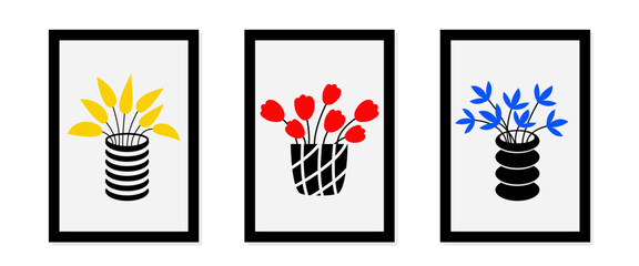 Yellow, red, blue flower set in vase. Ceramic black white glass vase. Cute flowers icon. Pottery decoration. Modern abstract art. Black frame poster picture print. White background. Flat design Vector - 767709990
