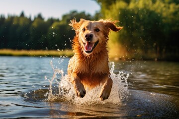 Happy dog splashing through water