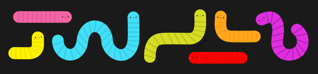 Bright colorful worm set. Earthworm icon insect. Cartoon funny kawaii baby animal character. Cute crawling bug collection. Smiling face. Geometric line shape. Flat design. Black background. Vector - 767710141