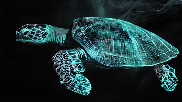 Glowing teal wireframe renders a 3D illustration of a swimming sea turtle. The turtle's form emerges from the dark background, evoking a mysterious and ethereal atmosphere. 