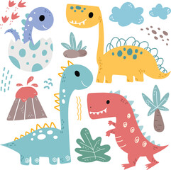 Set of Dinosaurs and Elements Doodle Clipart