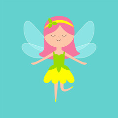 Flying fairies. Fairy little princess with wings. Yellow flower dress. Cute cartoon kawaii funny magic character. Paper doll. Hair decoration, magic wand. Flat design. Green background Isolated Vector - 767710343