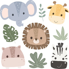 Naklejka premium Set of Safari Animals Doodle Clipart