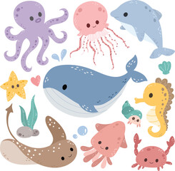 Set of Sea Animals Doodle Clipart