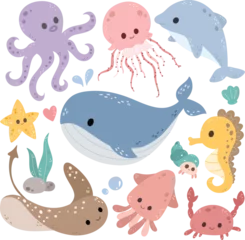 Papier Peint photo Lavable Vie marine Set of Sea Animals Doodle Clipart