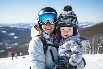 Mother and child in snow with ski goggles smiling - obrazy, fototapety, plakaty